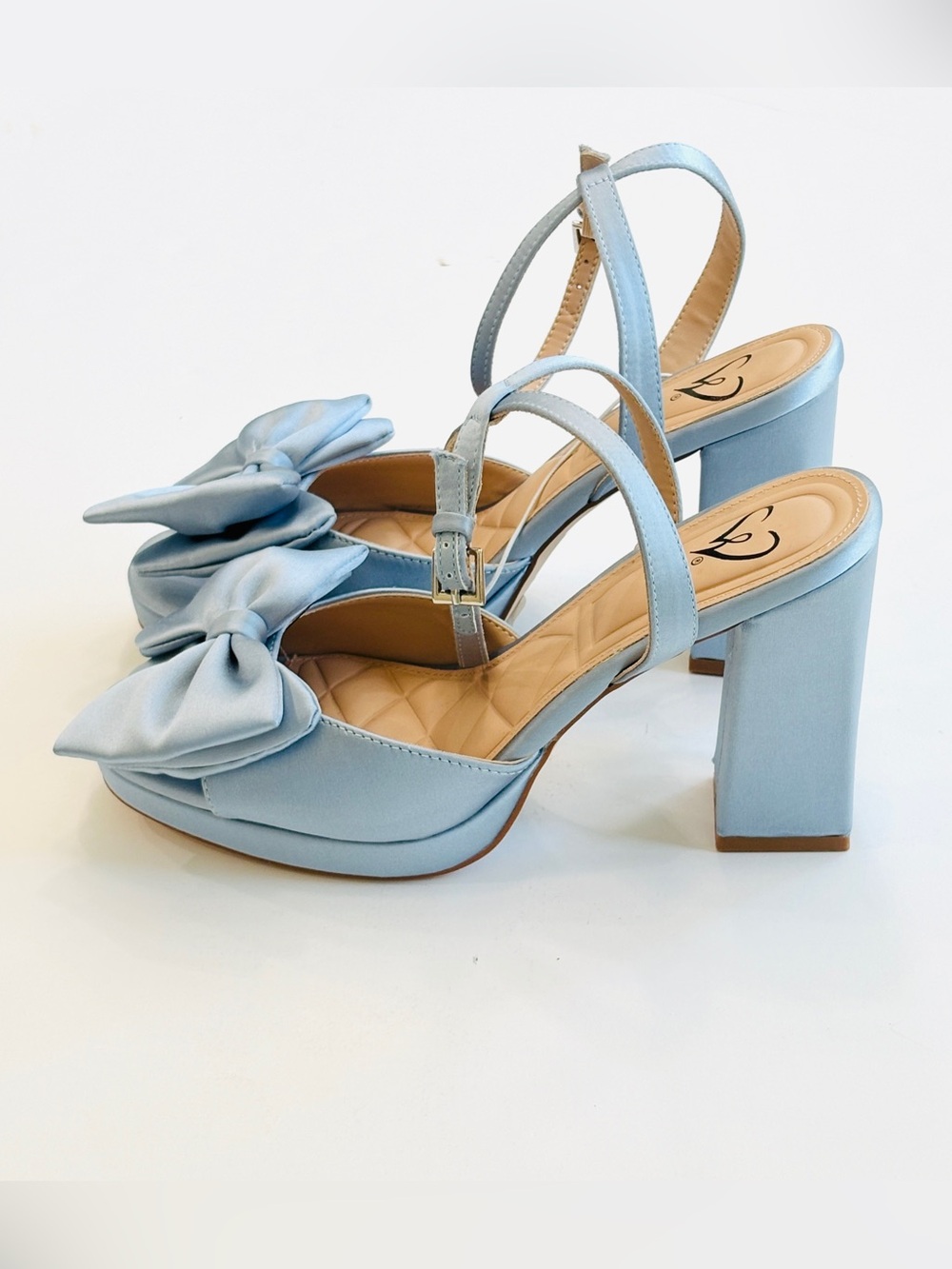 Light Blue Satin Platform Heels Bow Ankle Strap Block Heel Sandals Sz 8 - Picture 2 of 9